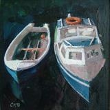 Blue Boats, small version. by chick mcgeehan, Painting, Oil on canvas