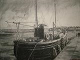 Mist Isle tied up at Irvine harbour by chick mcgeehan, Drawing, Charcoal on Paper