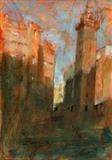 Winter Light Merchant City by chick mcgeehan, Painting, Oil on Board